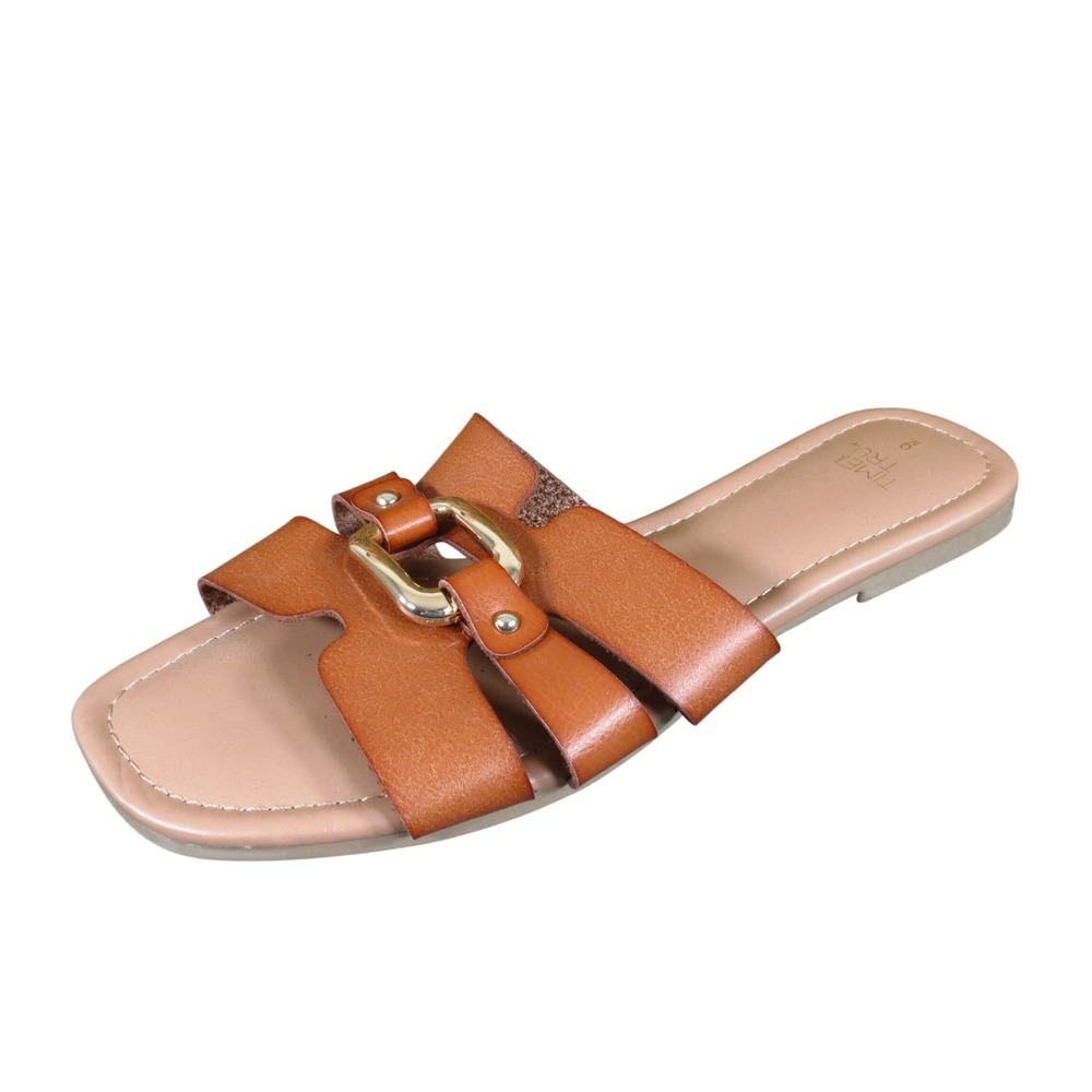 Time and Tru H-Band Women Slide Sandals Size 9 Summer Beach Cognac Faux Leather